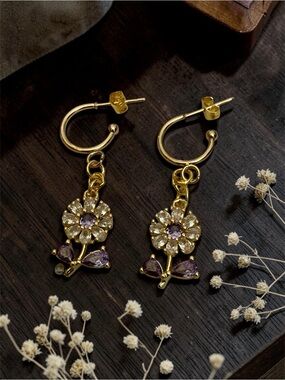 Hand Crafted Gold and Purple Floral Drop Earrings - Women Jewelry